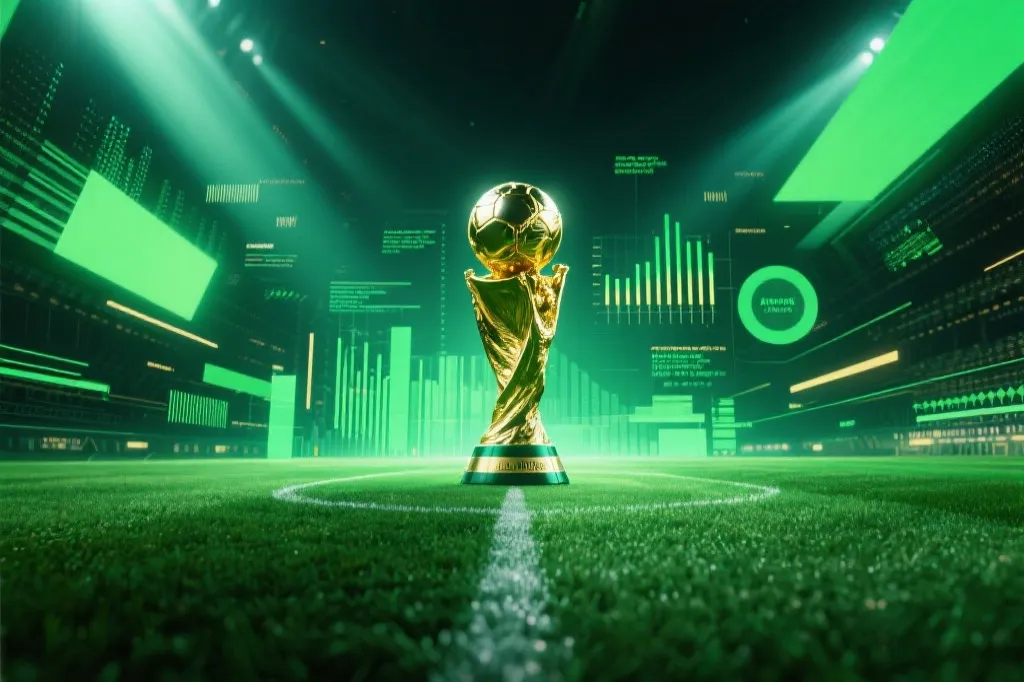 2026世界杯夺冠热门数据可视化风格海报,足球场与光束交织